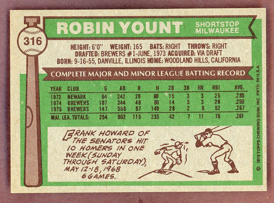 1976 Topps Baseball #316 Robin Yount Brewers EX-MT 568862