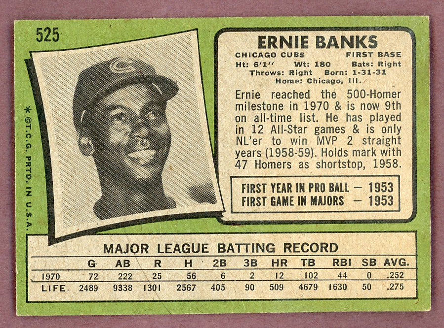 1971 Topps Baseball #525 Ernie Banks Cubs VG-EX 568869
