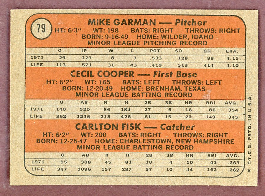 1972 Topps Baseball #079 Carlton Fisk Red Sox VG-EX 568901