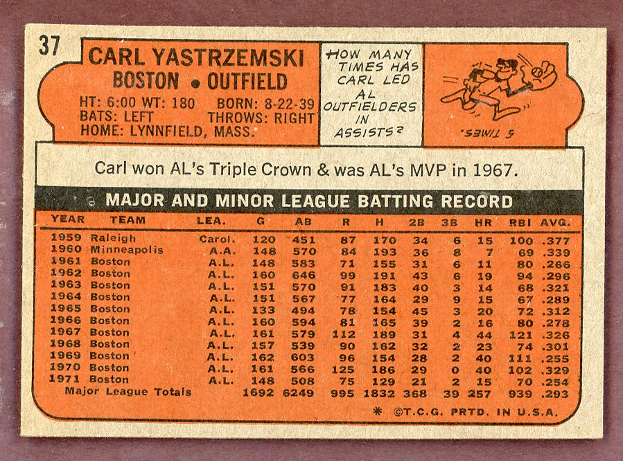 1972 Topps Baseball #037 Carl Yastrzemski Red Sox EX-MT 568903