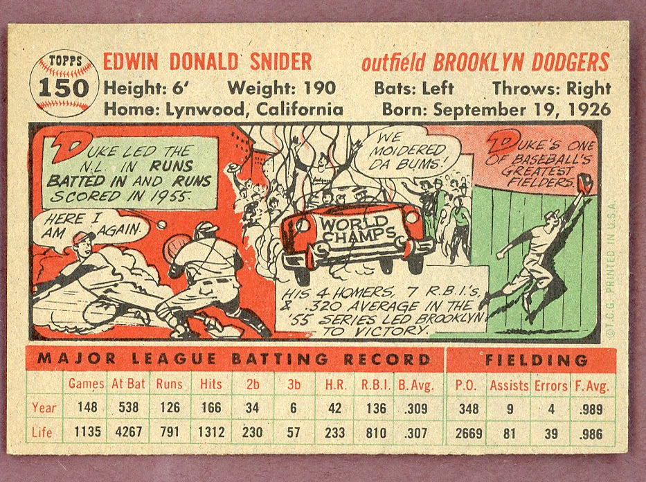 1956 Topps Baseball #150 Duke Snider Dodgers EX-MT 568919