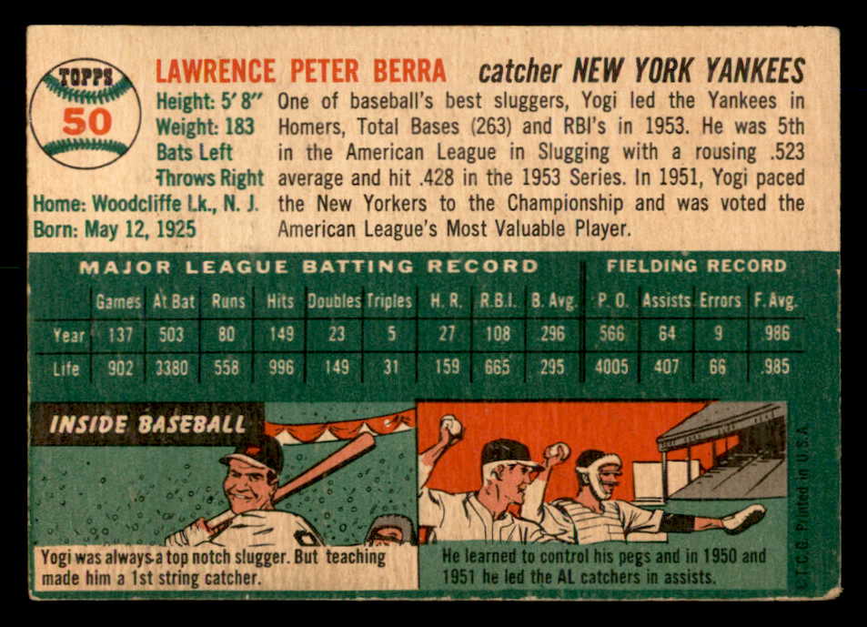 1954 Topps Baseball # 50 Yogi Berra Yankees VG-EX 569711