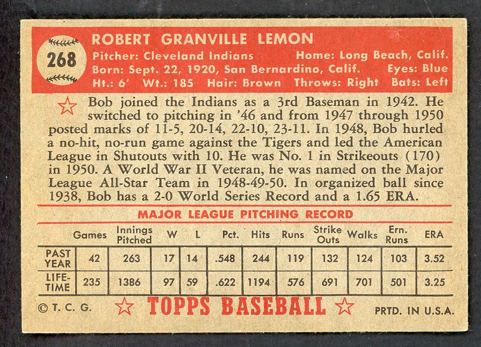 1952 Topps Baseball #268 Bob Lemon Indians EX+/EX-MT 569762
