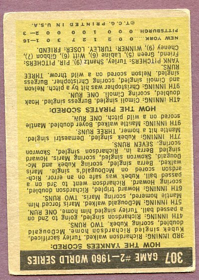 1961 Topps Baseball #307 World Series Game 2 Mickey Mantle VG-EX 416542
