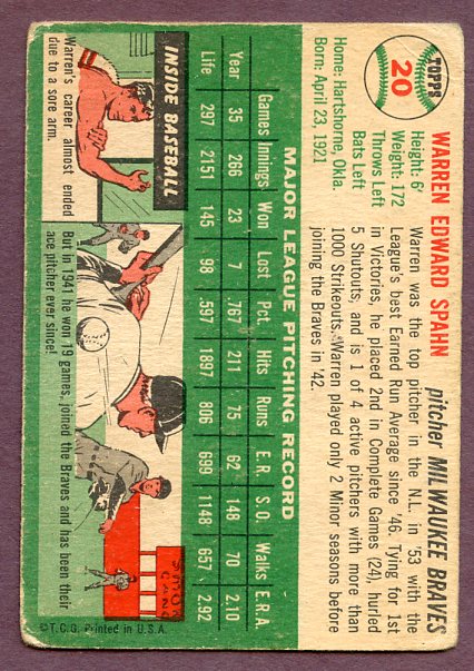 1954 Topps Baseball #020 Warren Spahn Braves FR-GD 419106