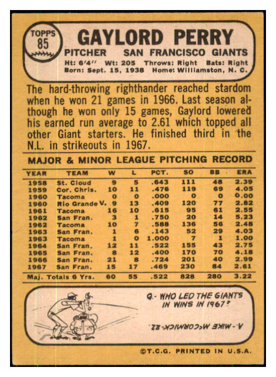 1968 Topps Baseball #085 Gaylord Perry Giants EX+/EX-MT 427857