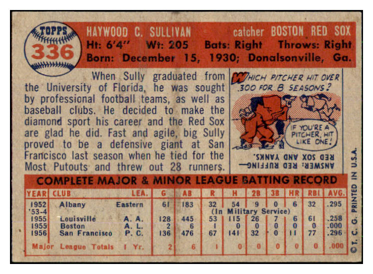 1957 Topps Baseball #336 Haywood Sullivan Red Sox EX 428314