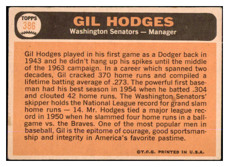 1966 Topps Baseball #386 Gil Hodges Senators VG-EX 429674
