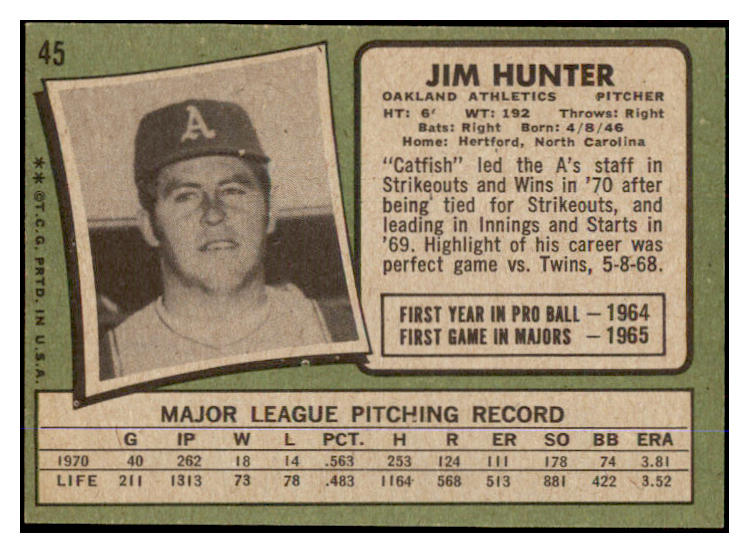 1971 Topps Baseball #045 Catfish Hunter A's NR-MT 429759