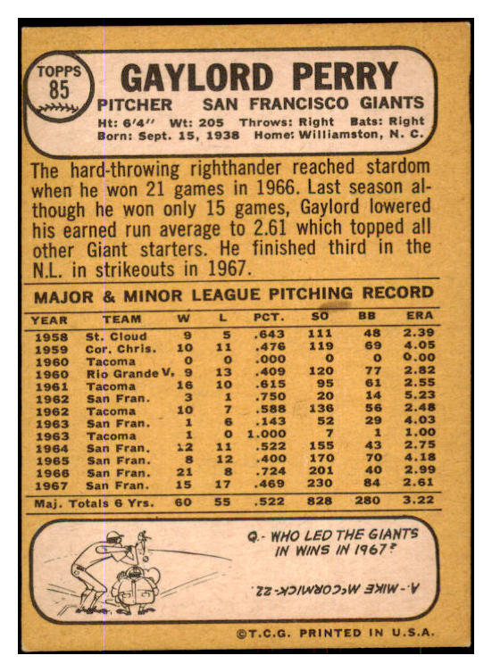 1968 Topps Baseball #085 Gaylord Perry Giants NR-MT mc 430354