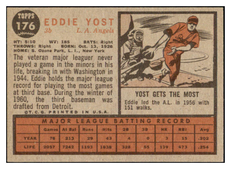 1962 Topps Baseball #176 Eddie Yost Angels EX-MT Variation 434250