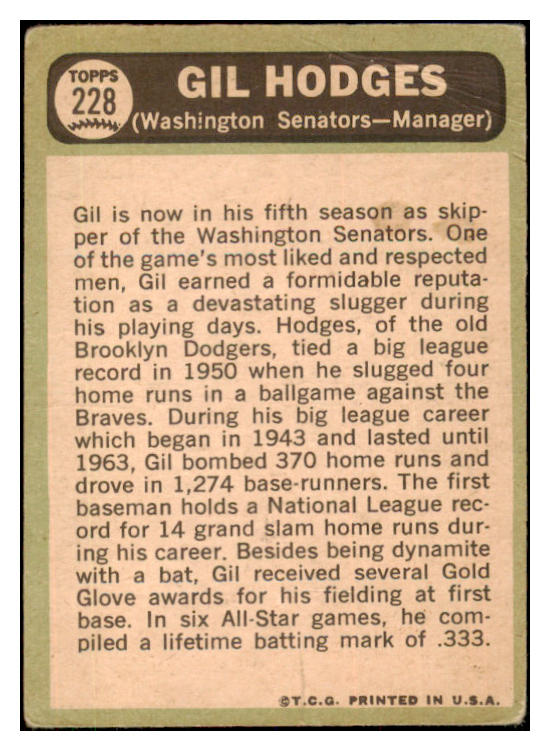 1967 Topps Baseball #228 Gil Hodges Senators GD-VG 434433