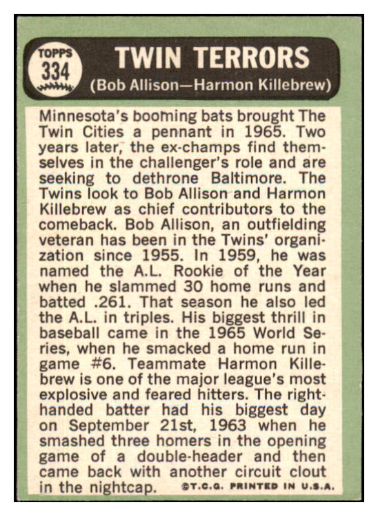1967 Topps Baseball #334 Harmon Killebrew Bob Allison GD-VG 434435
