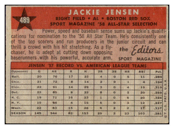 1958 Topps Baseball #489 Jackie Jensen A.S. Red Sox VG-EX 434525
