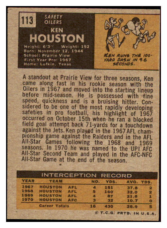1971 Topps Football #113 Ken Houston Oilers EX-MT 435564