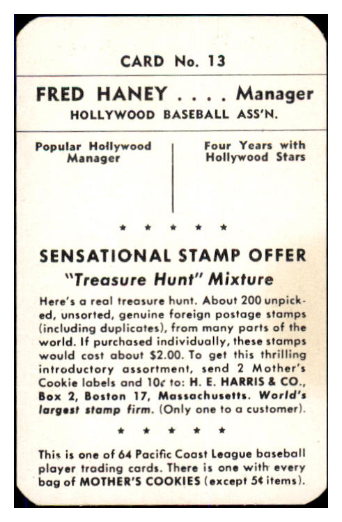1952 Mothers Cookies #013 Fred Haney Hollywood EX-MT 435953