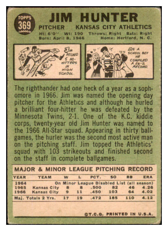 1967 Topps Baseball #369 Catfish Hunter A's VG 436559