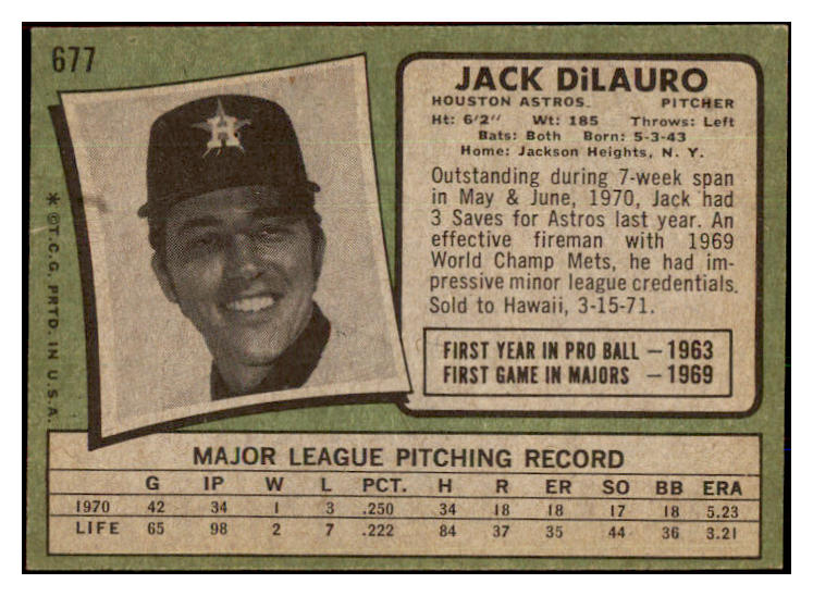 1971 Topps Baseball #677 Jack Dilauro Astros EX-MT 437084