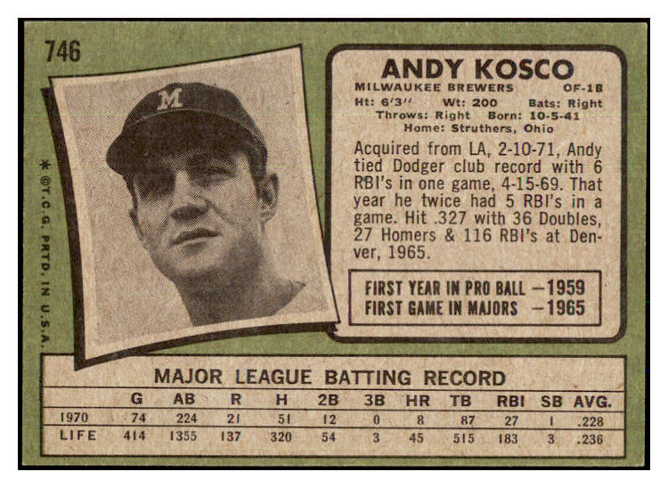 1971 Topps Baseball #746 Andy Kosco Brewers EX-MT 437099