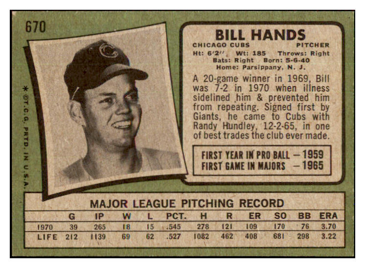 1971 Topps Baseball #670 Bill Hands Cubs NR-MT 437198