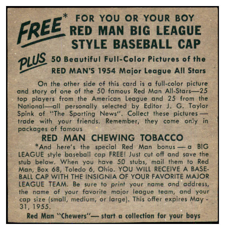 1954 Red Man #010NL Red Schoendienst Cardinals NR-MT No Tab 437406