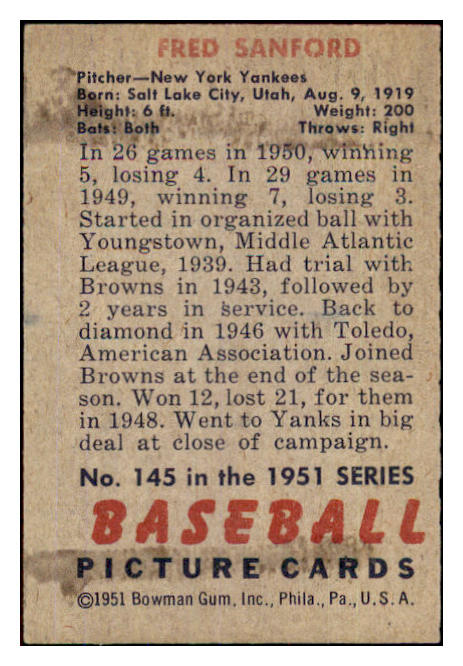 1951 Bowman Baseball #145 Fred Sanford Yankees EX-MT 439748