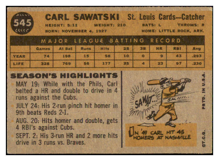 1960 Topps Baseball #545 Carl Sawatski Cardinals EX-MT 439974