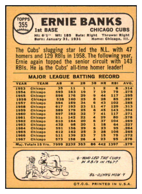 1968 Topps Baseball #355 Ernie Banks Cubs EX-MT 440499