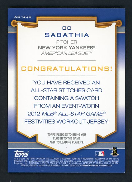 2012 Topps AS-CCS C.C. Sabathia Yankees 441047