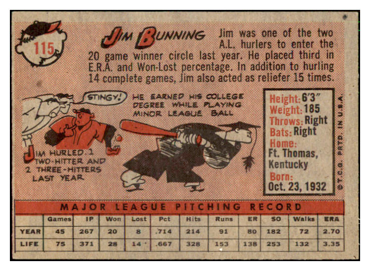 1958 Topps Baseball #115 Jim Bunning Tigers EX-MT 441361