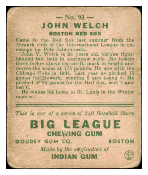 1933 Goudey #093 John Welch Red Sox GD-VG 446807