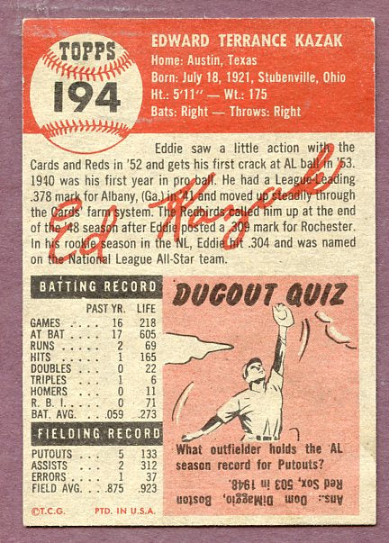 1953 Topps Baseball #194 Eddie Kazak Tigers EX-MT 448224