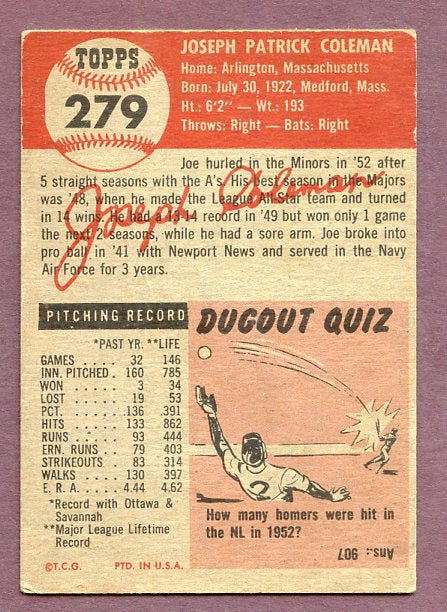 1953 Topps Baseball #279 Joe Coleman A's VG 448373