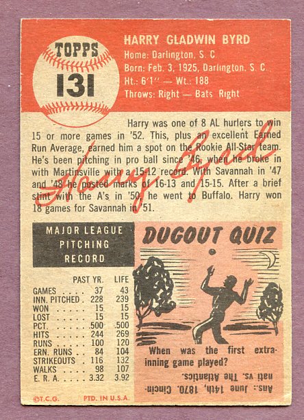 1953 Topps Baseball #131 Harry Byrd A's EX 448434