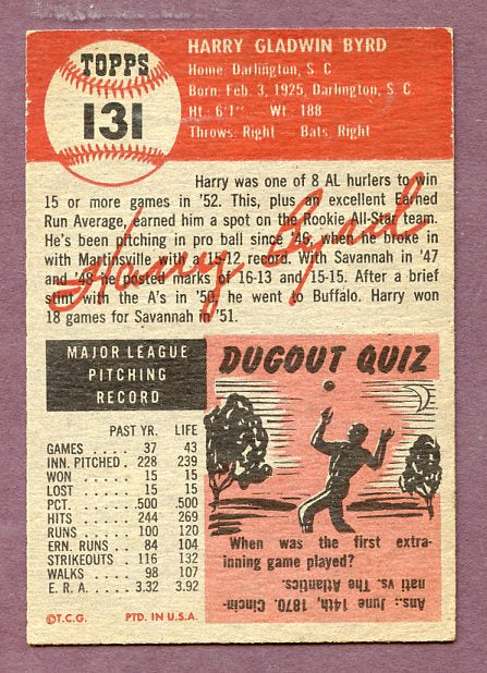 1953 Topps Baseball #131 Harry Byrd A's EX 448485