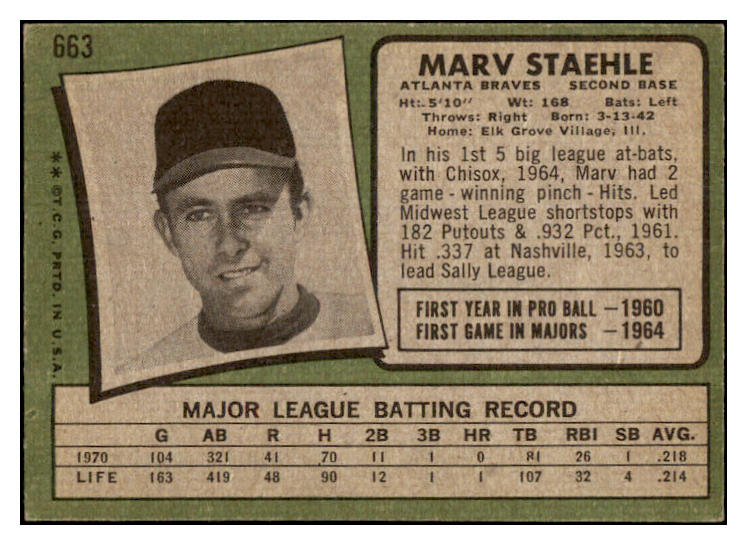 1971 Topps Baseball #663 Marv Staehle Braves EX 449465