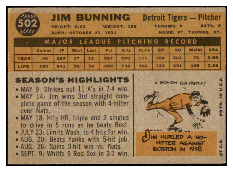 1960 Topps Baseball #502 Jim Bunning Tigers EX+/EX-MT 449673