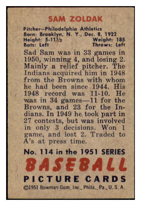 1951 Bowman Baseball #114 Sam Zoldak A's VG-EX 449870