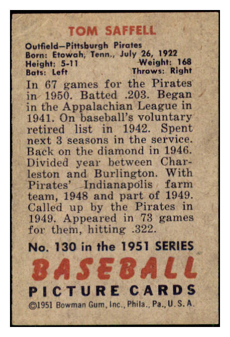 1951 Bowman Baseball #130 Tom Saffell Pirates VG 449877