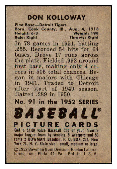 1952 Bowman Baseball #091 Don Kolloway Tigers NR-MT 449900