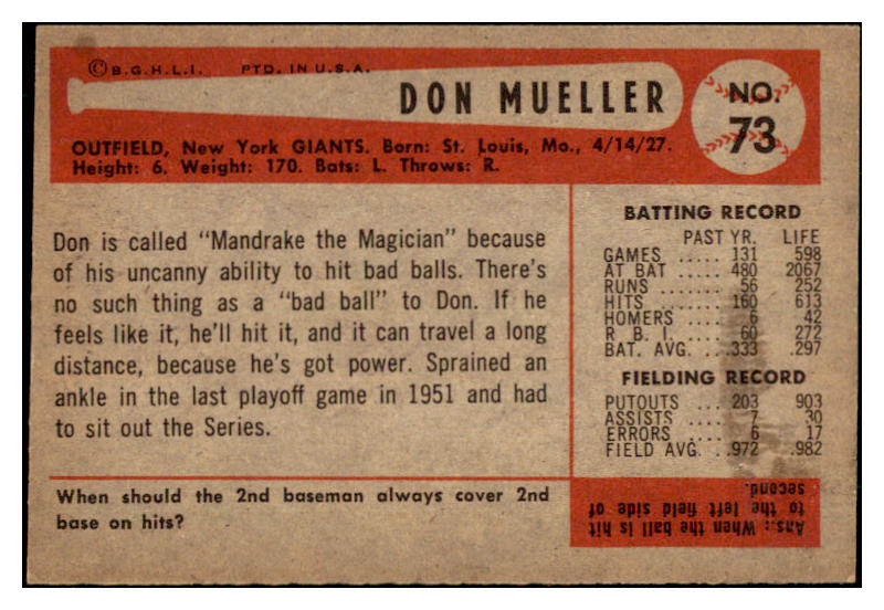 1954 Bowman Baseball #073 Don Mueller Giants NR-MT 449984