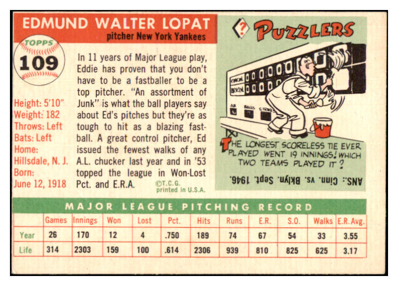 1955 Topps Baseball #109 Eddie Lopat Yankees VG-EX 450073