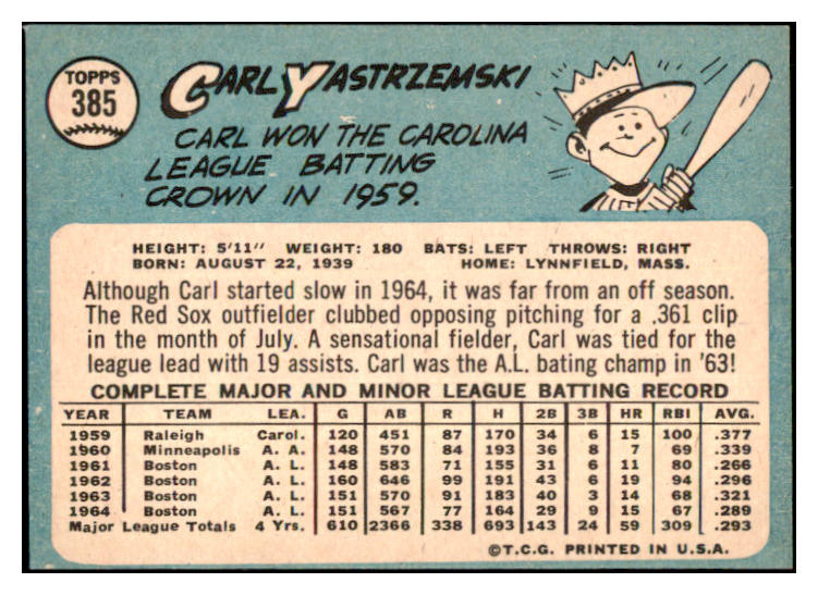 1965 Topps Baseball #385 Carl Yastrzemski Red Sox NR-MT 450514