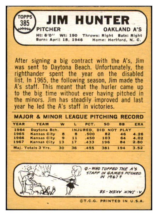 1968 Topps Baseball #385 Catfish Hunter A's EX-MT 450618