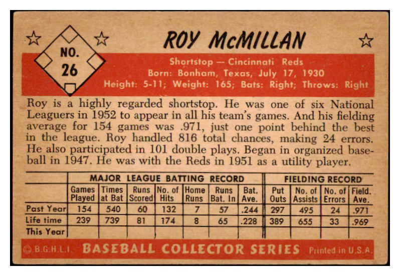 1953 Bowman Color Baseball #026 Roy McMillan Reds EX-MT 451830