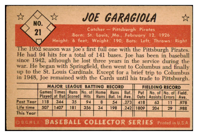 1953 Bowman Color Baseball #021 Joe Garagiola Pirates EX-MT 451837
