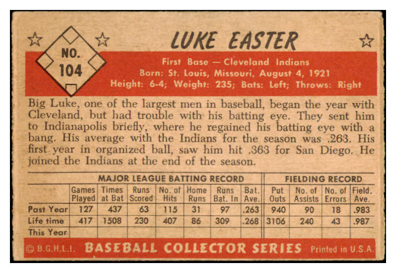 1953 Bowman Color Baseball #104 Luke Easter Indians EX 451900