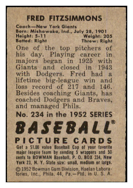 1952 Bowman Baseball #234 Fred Fitzsimmons Giants NR-MT 452229