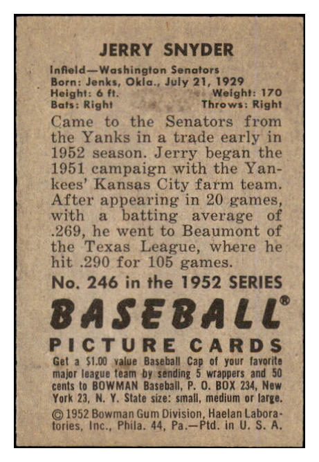 1952 Bowman Baseball #246 Jerry Snyder Senators NR-MT 452232