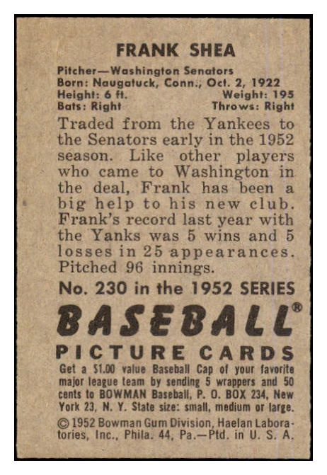 1952 Bowman Baseball #230 Frank Shea Senators EX-MT 452277